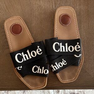 Chloé Black Logo Ribbon Slide Sandals run small 5.5 -6